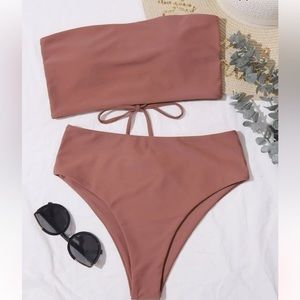 Solid Bikini Set Lace Up Back Reversible Tube Bra & High Waisted Bottom 2 Piece